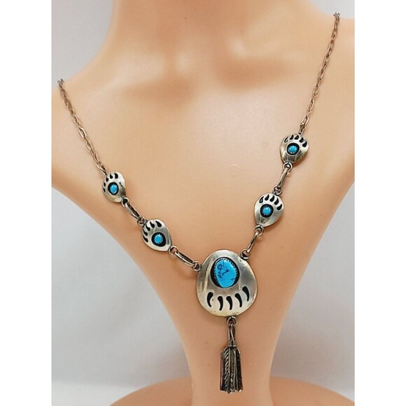 NAVAJO Bear Paw Shadow Box Turquoise W/Dangle Feathers Silver 925 Necklace - Picture 4 of 11